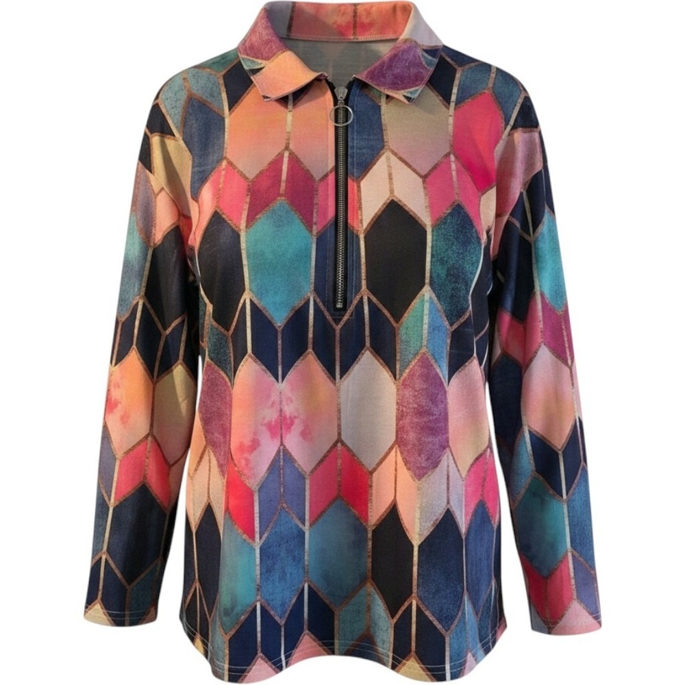 Casual  Blouse, Geometeric Print 1/4 Zip ,Long Sleeve,Size M/L